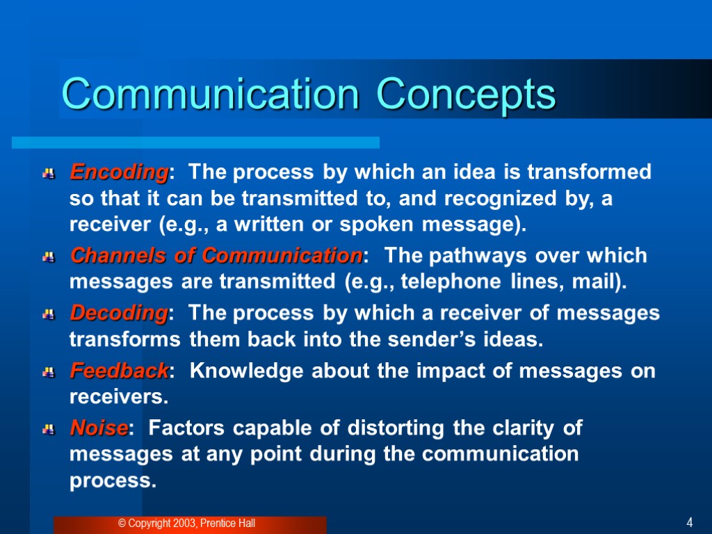 © Copyright 2003, Prentice Hall 4 Communication Concepts Encoding: The process by which an